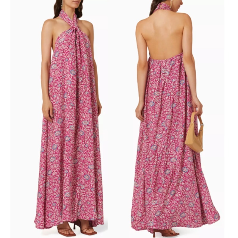Natalie Martin Astrid Silk Floral Halter Maxi Dress Fuchsia Pink Size Small Nwt